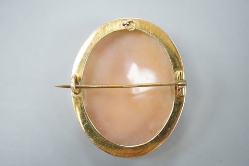 A yellow metal mounted oval cameo shell brooch, carved with the bust of a lady to sinister, 47mm, gross weight 16.7 grams.